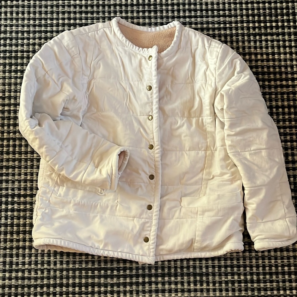 Eileen Fisher Renew x Gamine Workwear Collab Quilted White Denim Coat OS EUC